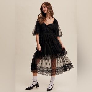 Tiered Lace and Velvet Bustier Midi Dress with Puff Sleeves - Listicle